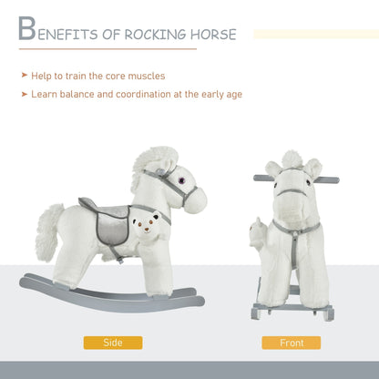 Side and front views of the white plush rocking horse toy