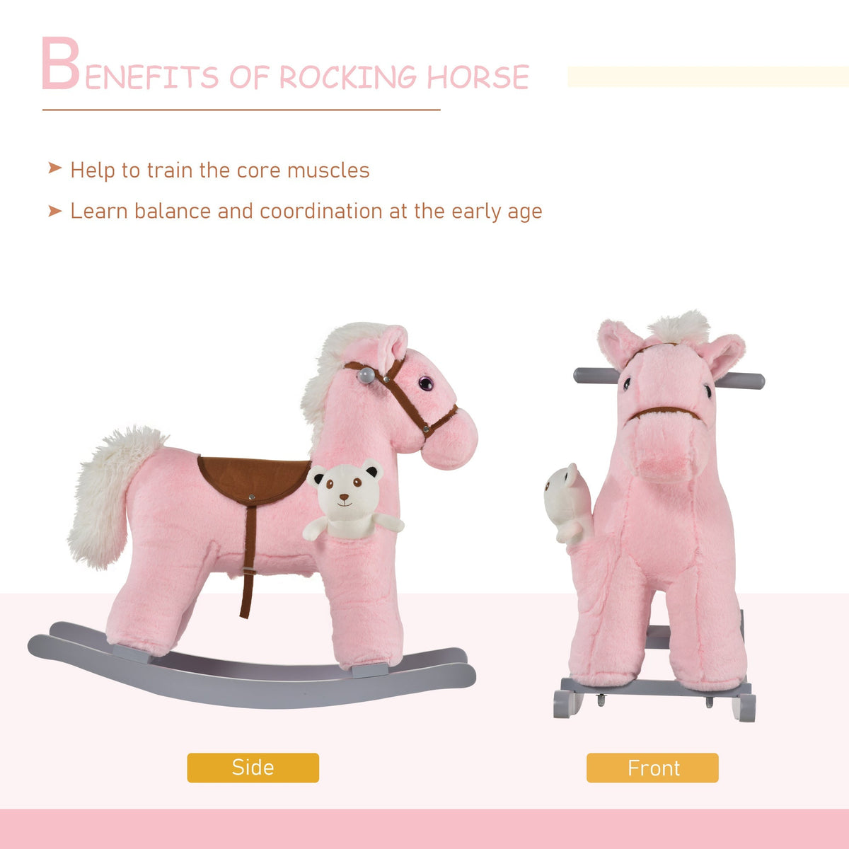 The plush rocking horse shown from the side and front with text about developmental benefits