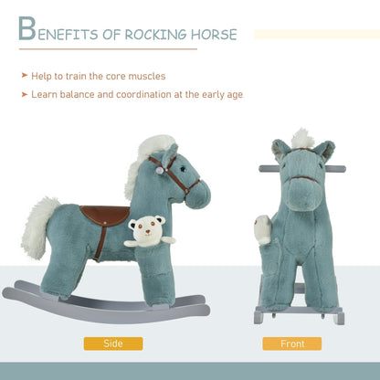 Side and front views of the blue plush rocking horse toy