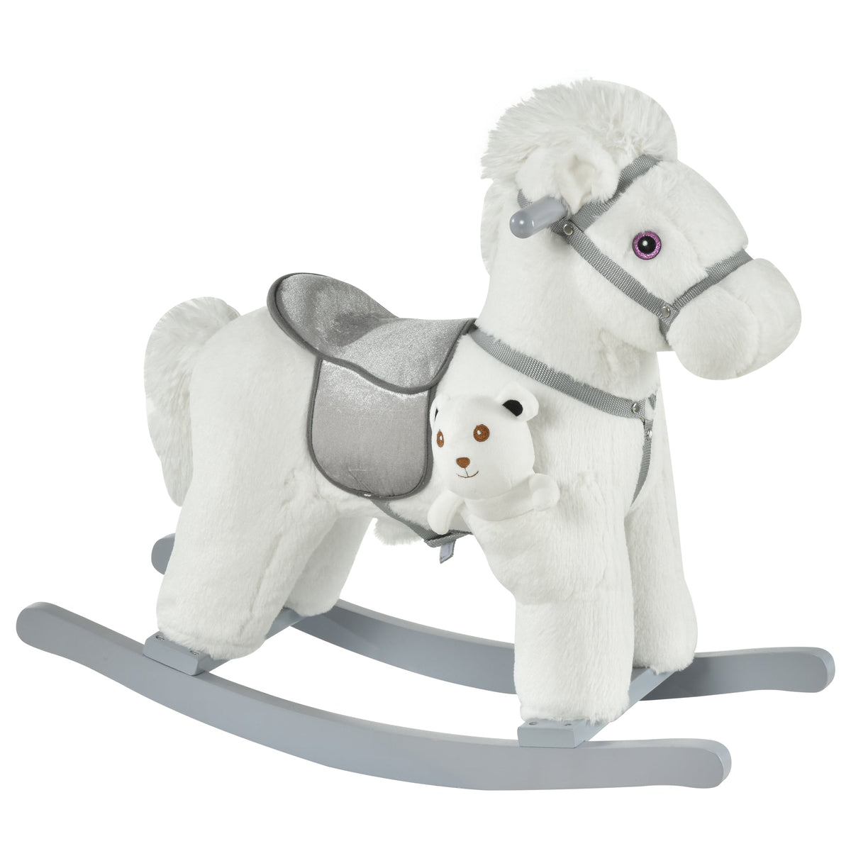 HOMCOM Kids Plush Ride-On Rocking Horse Toy Rocker with a grey saddle and a small bear attached to the front
