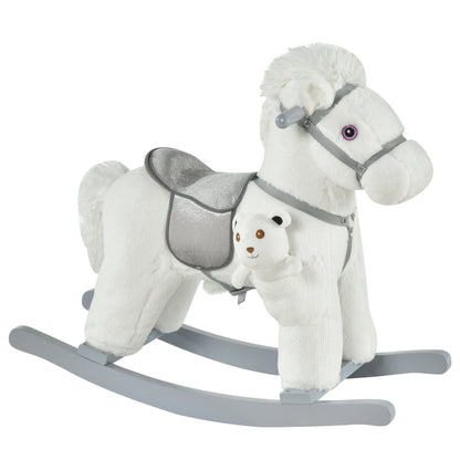 HOMCOM Kids Plush Ride-On Rocking Horse Toy Rocker with a grey saddle and a small bear attached to the front