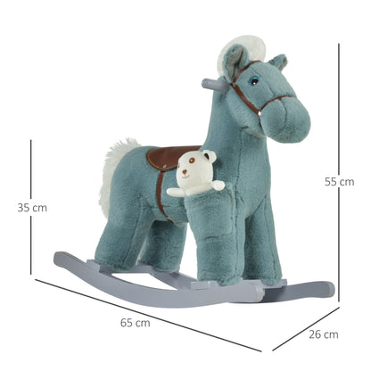 A blue plush rocking horse toy with dimensions shown