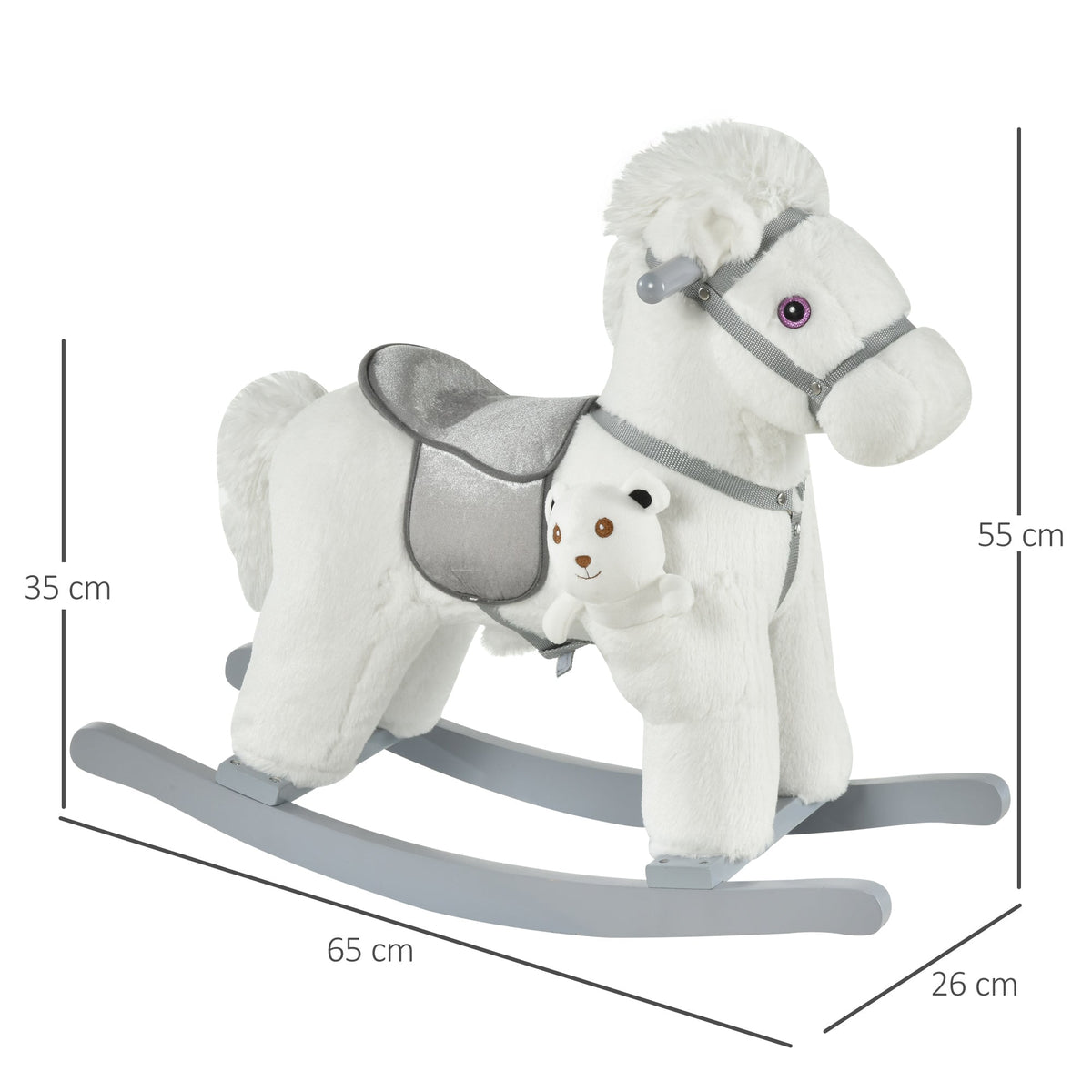 Dimensions of the white plush rocking horse toy with grey rockers