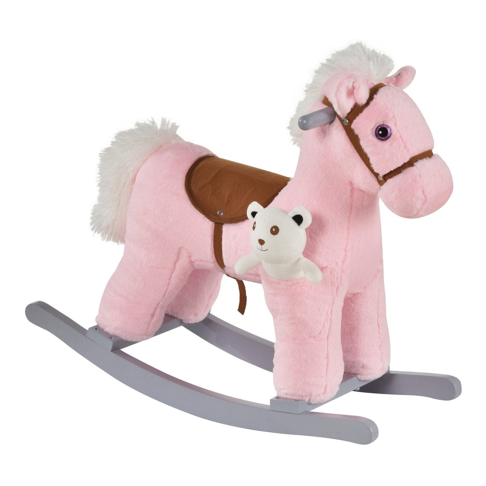 HOMCOM Kids Plush Ride-On Rocking Horse Toy Rocker with a small teddy bear attached to the side