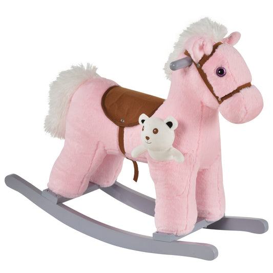 HOMCOM Kids Plush Ride-On Rocking Horse Toy Rocker with a small teddy bear attached to the side