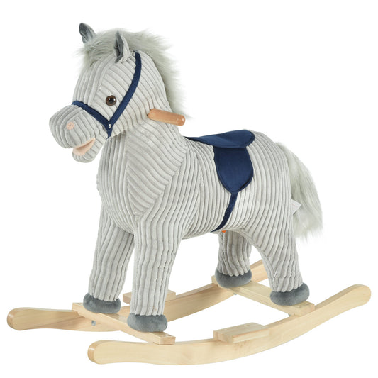 HOMCOM Kids Plush Rocking Horse in grey with a blue saddle and wooden rockers on a white background