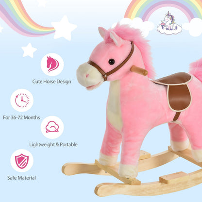 The pink plush rocking horse with text about its benefits and features
