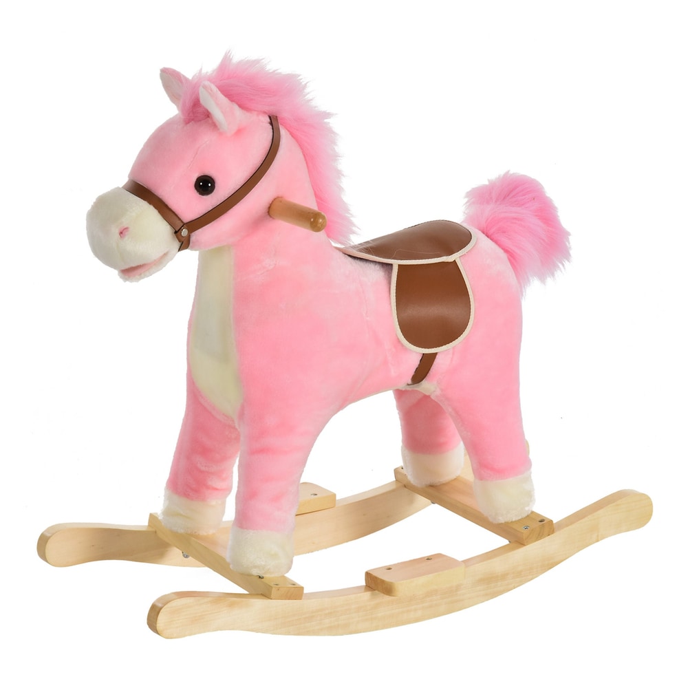 HOMCOM Kids Plush Rocking Horse in pink with a brown saddle and wooden rockers