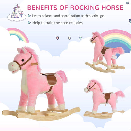 Three pink plush rocking horses of different sizes with a rainbow background