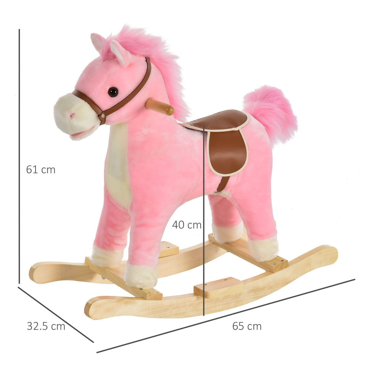 Pink plush rocking horse with dimensions shown on a white background