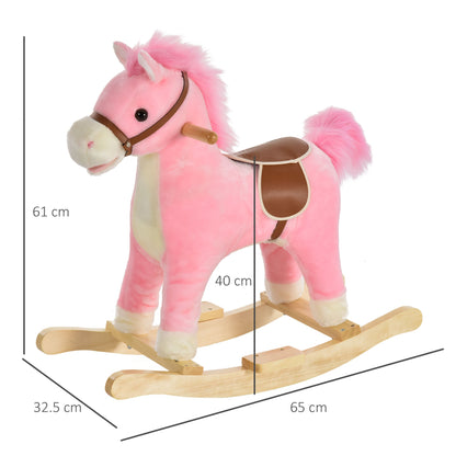 Pink plush rocking horse with dimensions shown on a white background