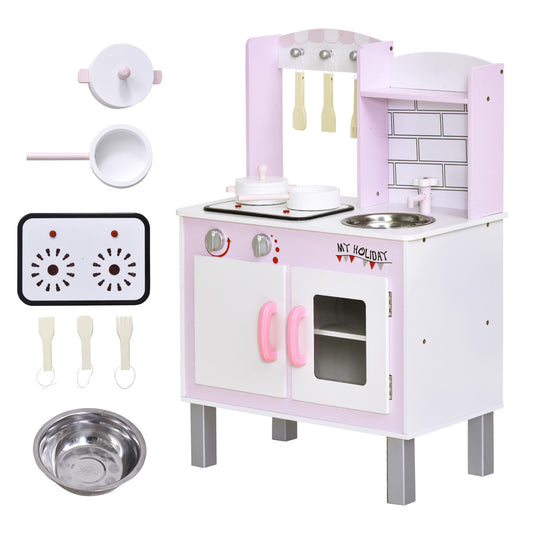 HOMCOM Kids Pretend Kitchen Playset w/ Cooking Toy Accessories in Pink;