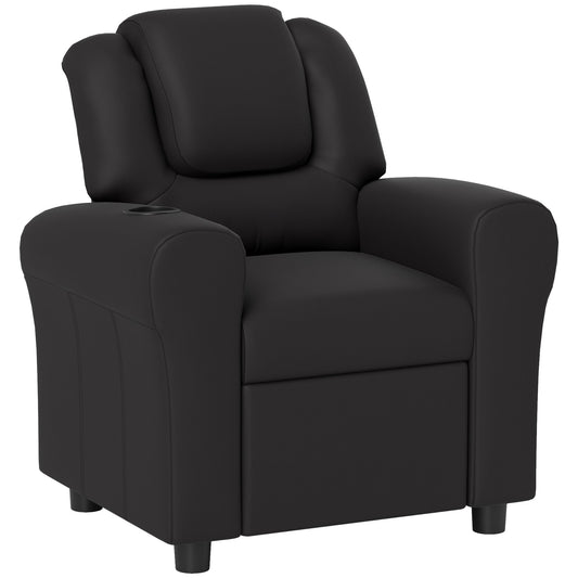 HOMCOM Kids Recliner Chair in black PU leather with padded headrest and cup holder