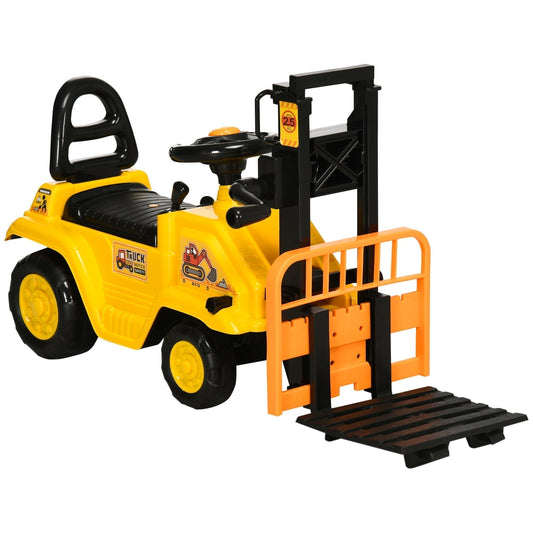 HOMCOM Kids Ride-On Construction Car, a yellow ride-on toy with a fork and tray