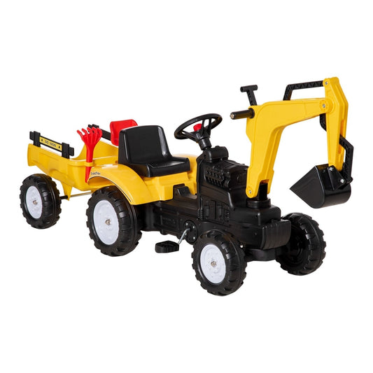 HOMCOM Kids Ride-On Construction Car, a yellow ride-on digger with a detachable trailer and steering wheel