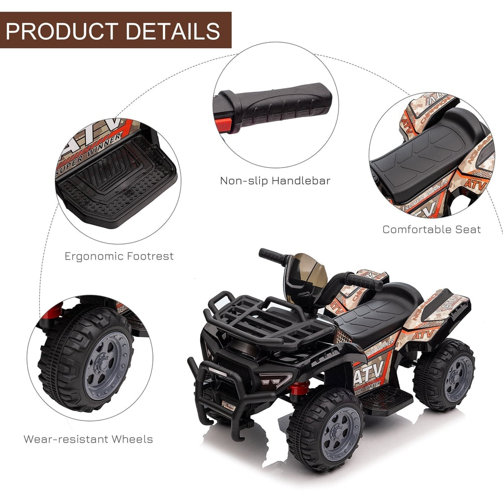 Close-up views of the ride-on car's handlebars, seat, footrest, and wheels