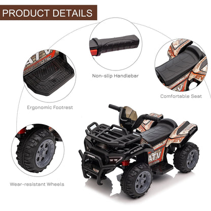 Close-up views of the ride-on car's handlebars, seat, footrest, and wheels
