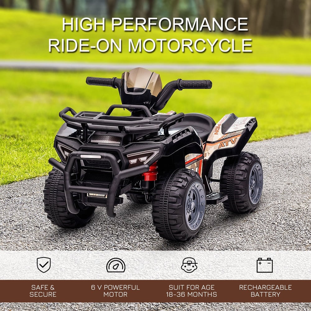 Black kids four-wheeler ATV car with safety and performance icons