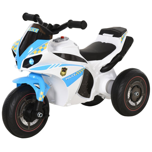 HOMCOM Kids Ride-On Police Bike, a white and blue three-wheeled electric motorbike for toddlers