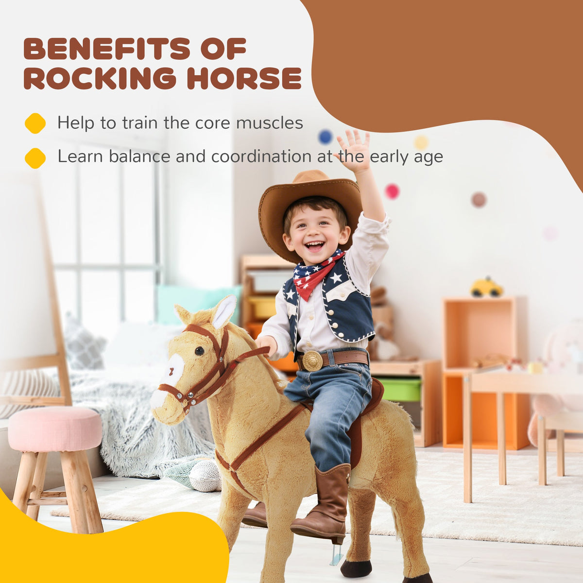 The plush pony toy with text overlay explaining how riding helps develop core muscles and balance