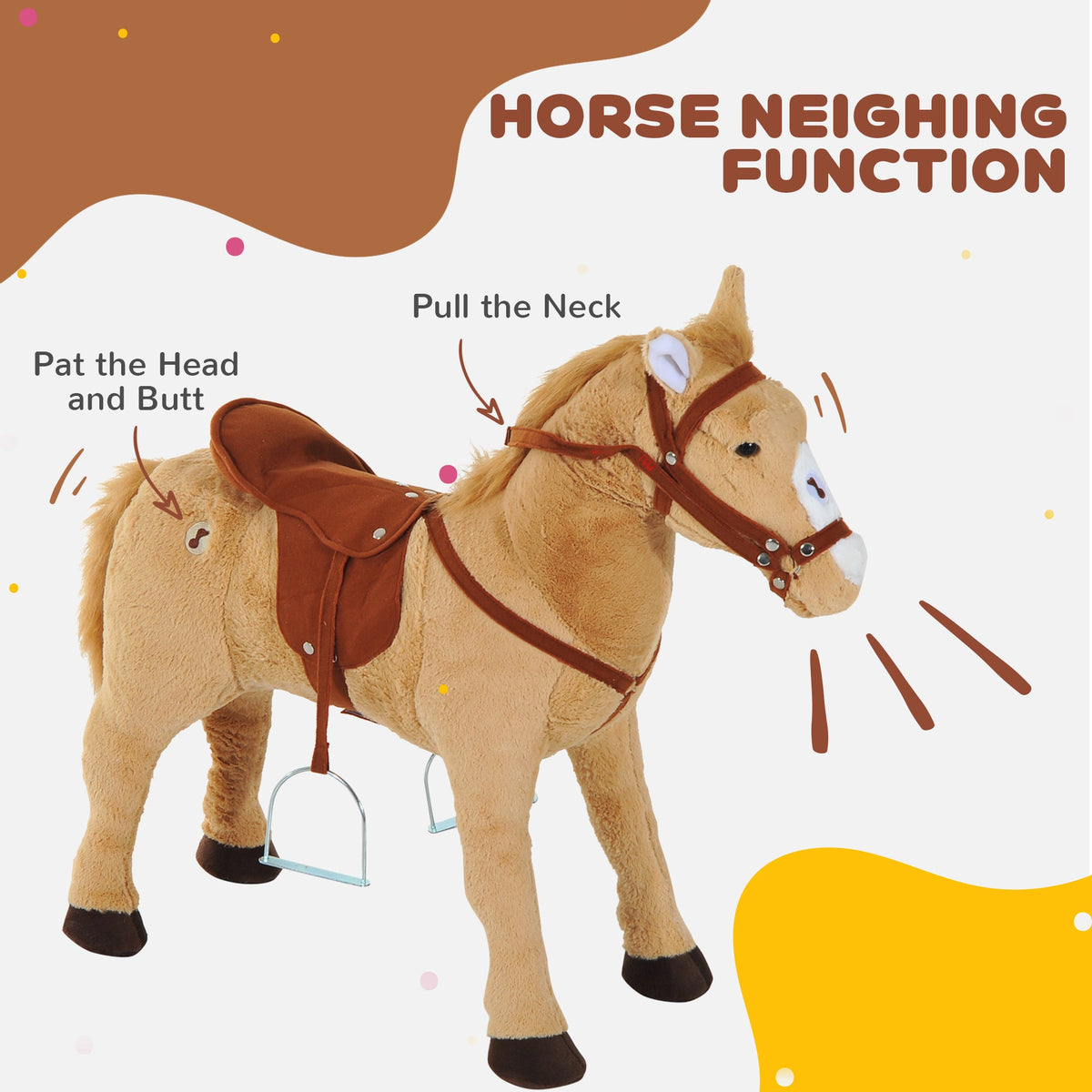 The plush pony toy with arrows showing where to pat or pull to activate the horse neighing sound