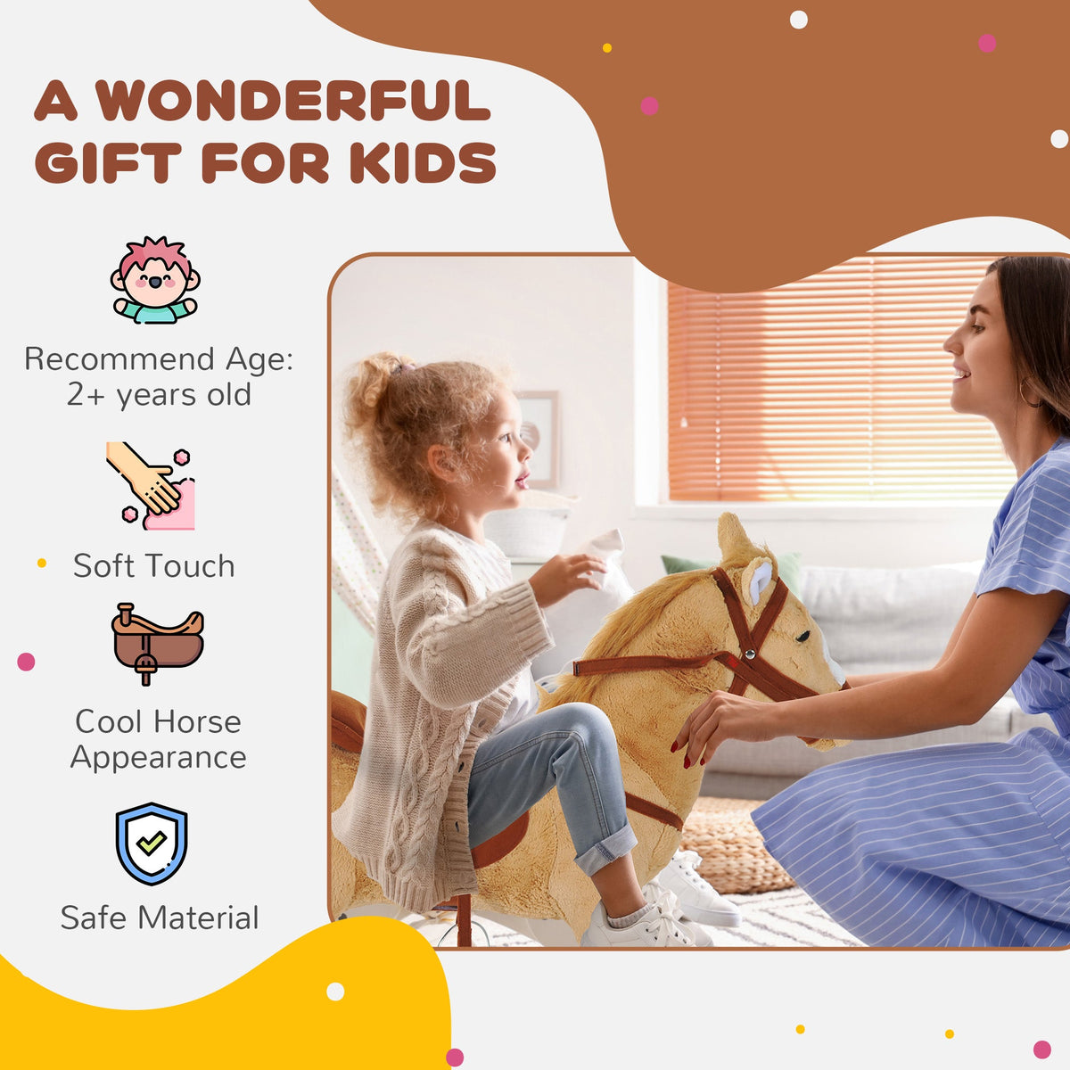 A mother playing with her child on the plush pony toy with icons listing key product features