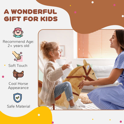 A mother playing with her child on the plush pony toy with icons listing key product features