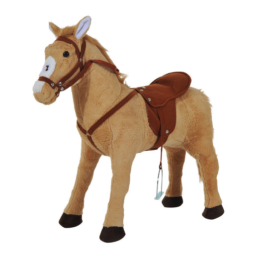 HOMCOM Kids Ride On Standing Horse Cuddly Toy Children Plush Soft Pony Gift in beige with brown saddle
