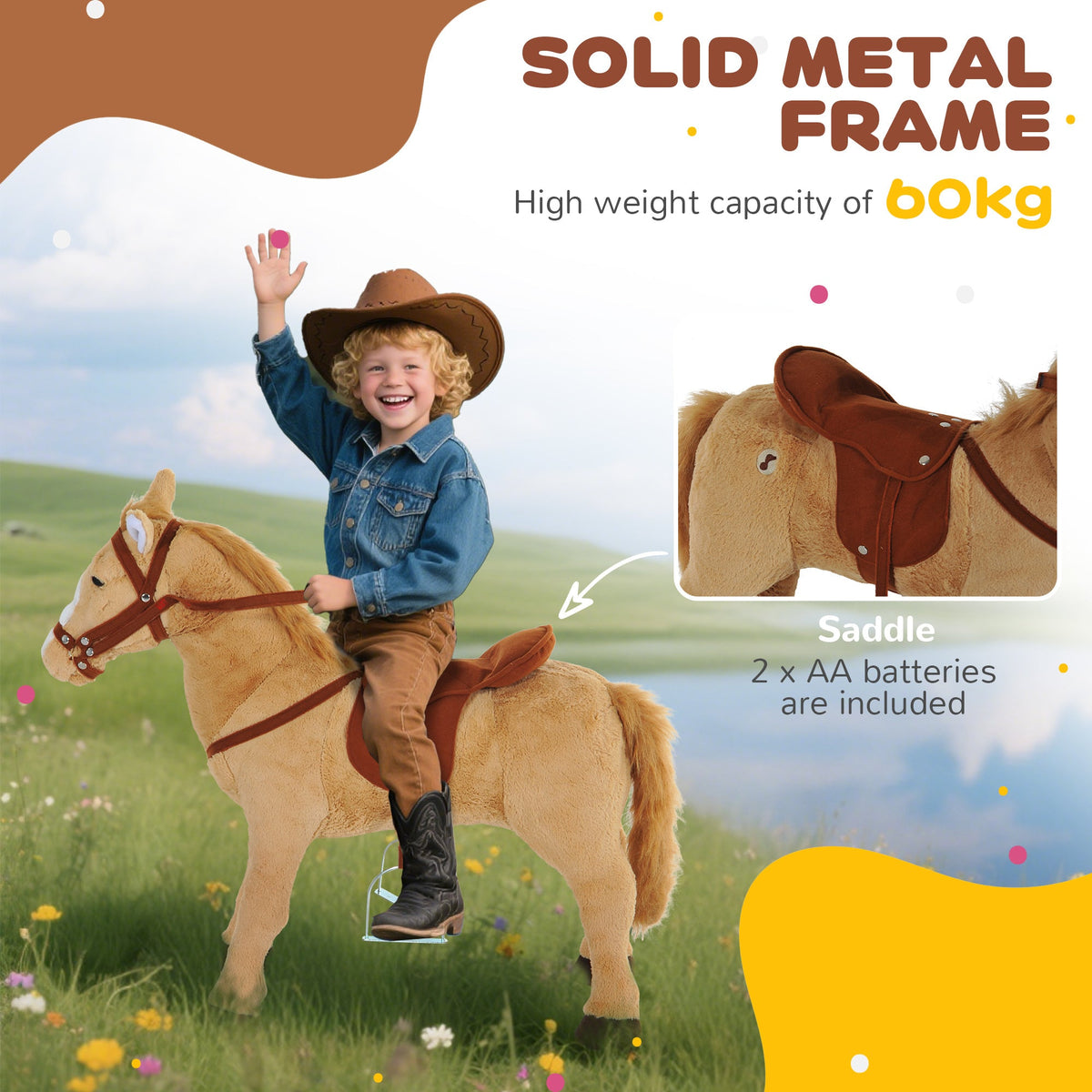 A child riding the plush pony toy outdoors with an inset showing the saddle and battery compartment