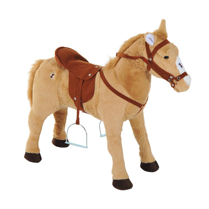The plush pony toy viewed from the rear showing the brown saddle and metal stirrups