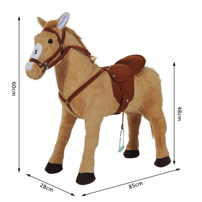 The plush pony toy shown with arrows and labels indicating its height, length and width dimensions