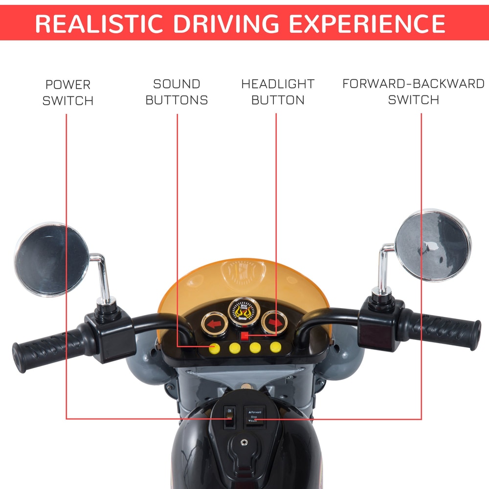 Close-up of the ride-on motorbike handlebars with labels for buttons and switches