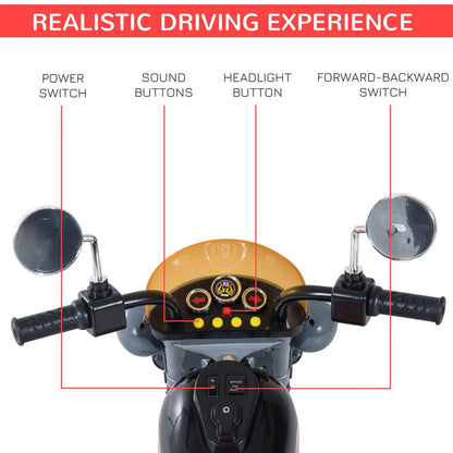 Close-up of the ride-on motorbike handlebars with labels for buttons and switches