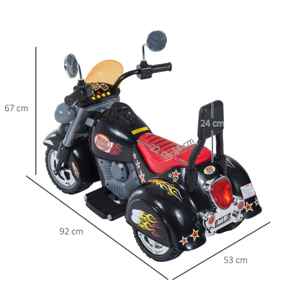 The ride-on motorbike shown from a high angle with dimension lines and labels