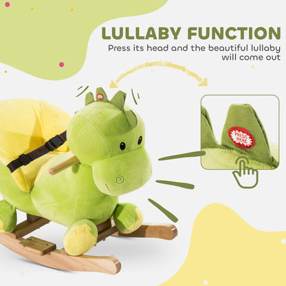 Close up of the plush dinosaur rocking horse head, showing the button to activate music