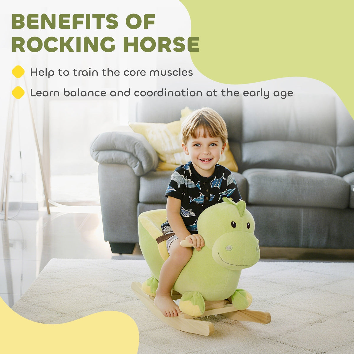 A happy boy sits on the plush dinosaur rocking horse in a living room setting