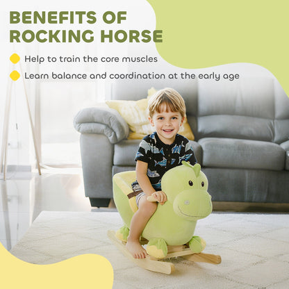 A happy boy sits on the plush dinosaur rocking horse in a living room setting