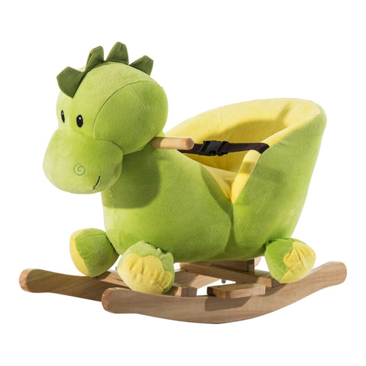 HOMCOM Kids Rocking Horse, a green plush dinosaur with a yellow seat and wooden rockers