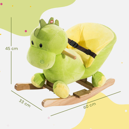 A green plush dinosaur rocking horse with dimensions marked on the image