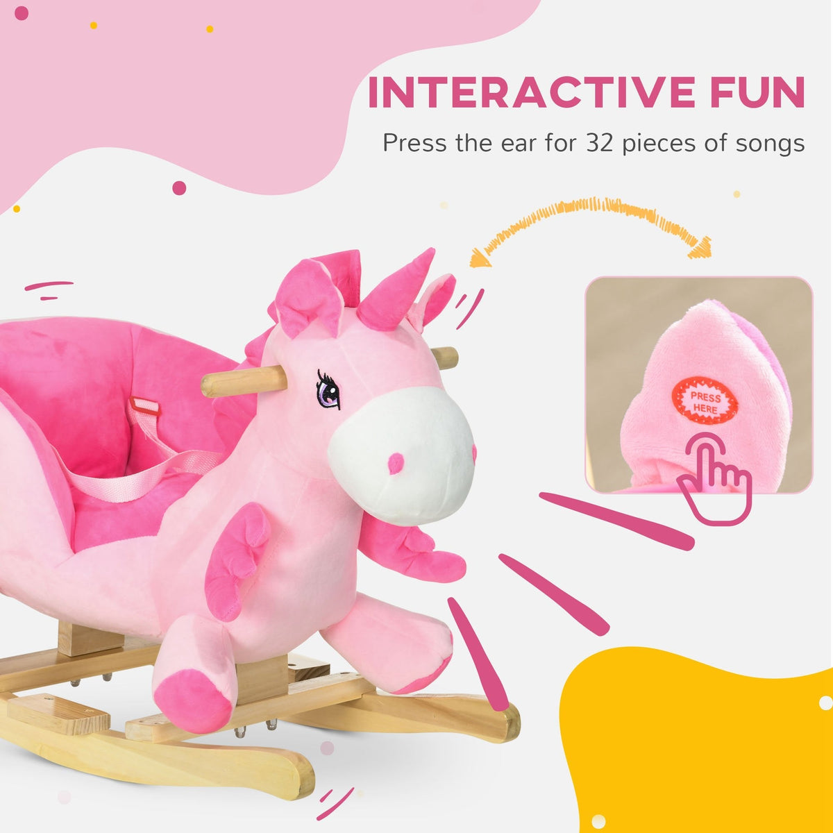 the plush unicorn rocking horse with a close up of the musical ear button