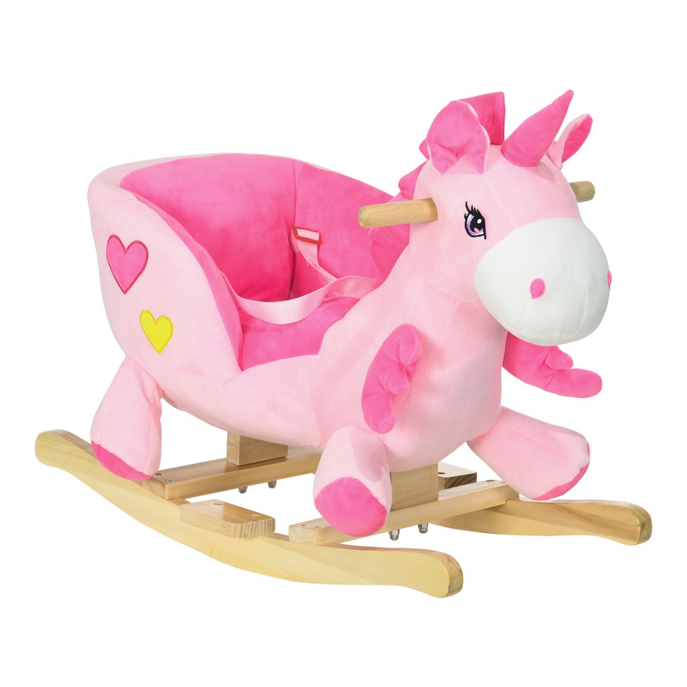 HOMCOM Kids Rocking Horse Ride on Unicorn with Songs, a pink plush unicorn with wooden rockers and a seatbelt
