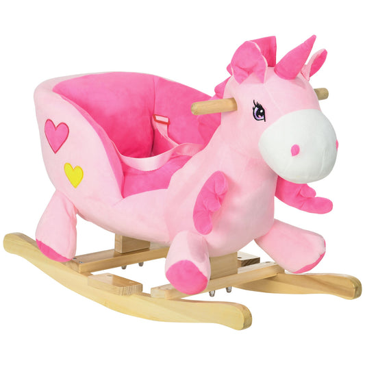 HOMCOM Kids Rocking Horse Ride on Unicorn with Songs, a pink plush unicorn with wooden rockers and a seatbelt