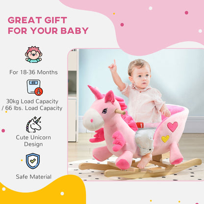 A baby sits on the pink unicorn rocking horse, presented as a gift for babies aged 18-36 months