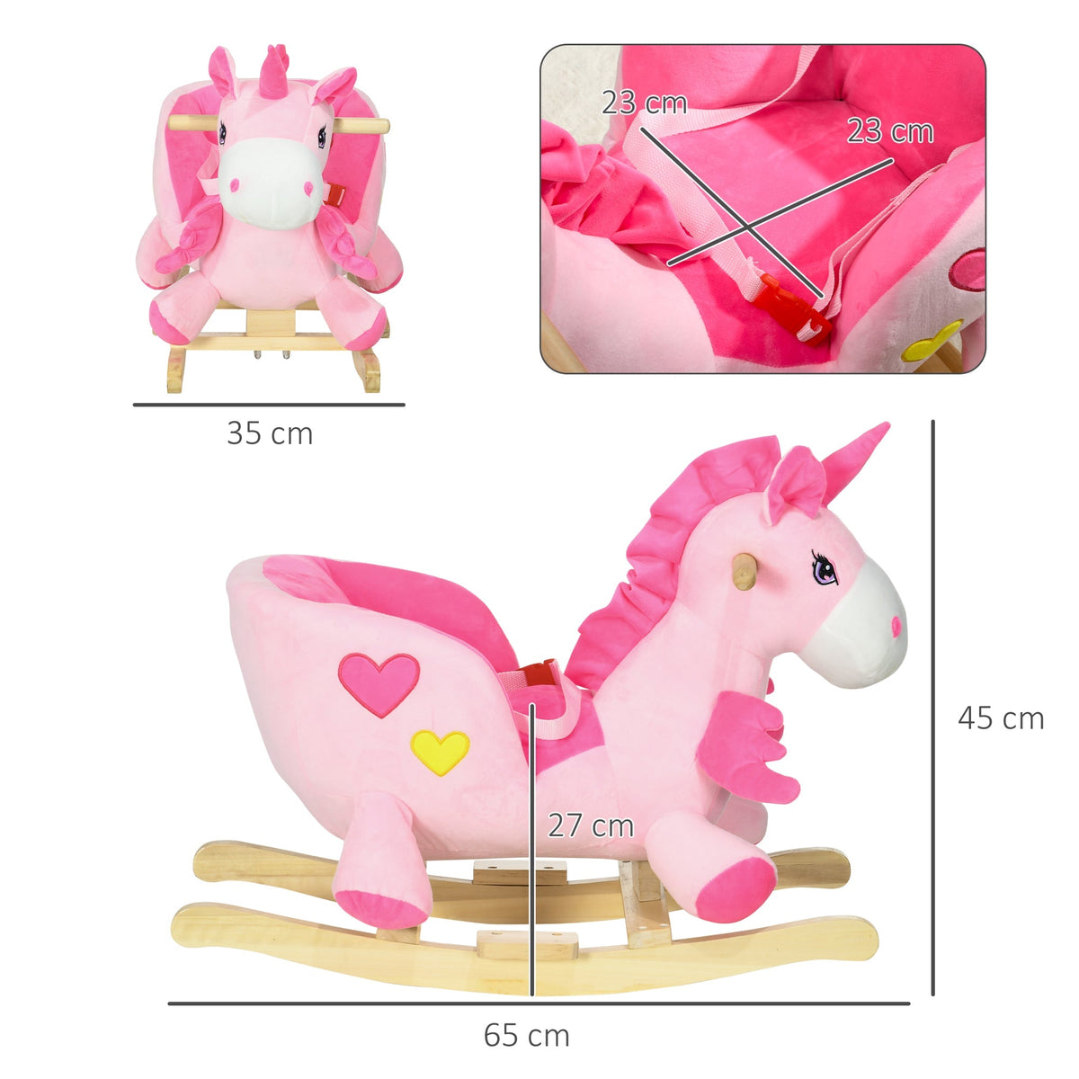 Dimensions of the pink unicorn rocking horse with measurements shown