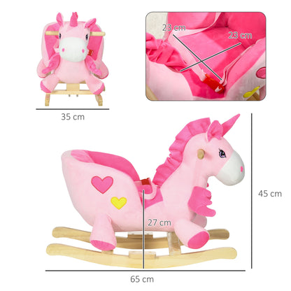 Dimensions of the pink unicorn rocking horse with measurements shown