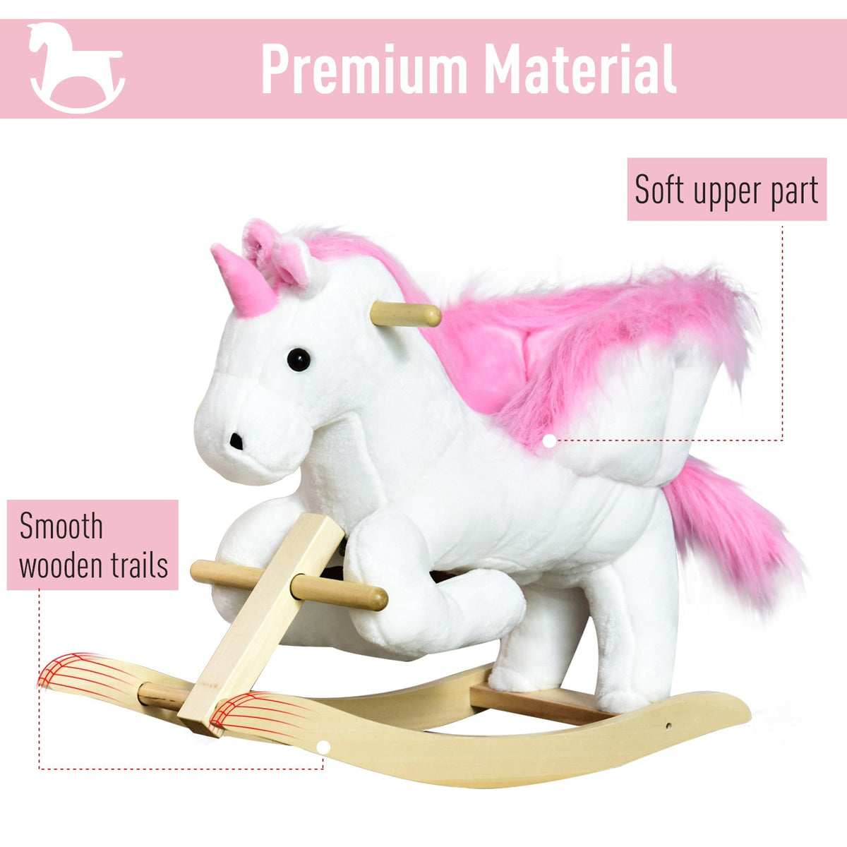 the rocking unicorn with labels pointing to its soft plush body and smooth wooden rockers