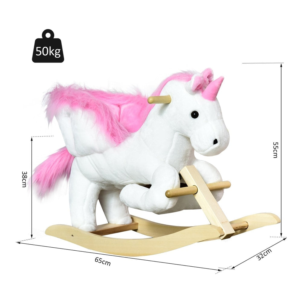 the plush unicorn rocking toy shown with arrows indicating its dimensions and weight capacity