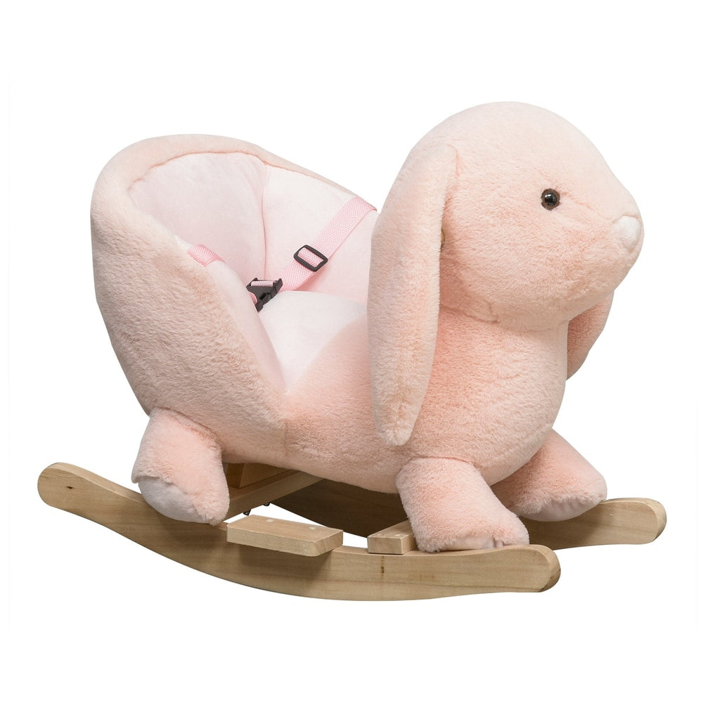 HOMCOM Kids Rocking Rabbit plush rocking animal with wooden base and pink seatbelt