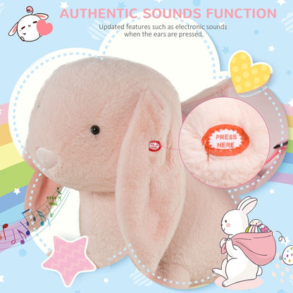 Close up of the pink plush rocking rabbit's ear showing a button to press for sounds