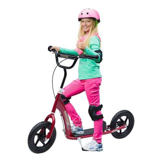 HOMCOM Kids Scooter red kick scooter with big wheels and rear brake, a girl wearing a helmet and pads gives a thumbs up